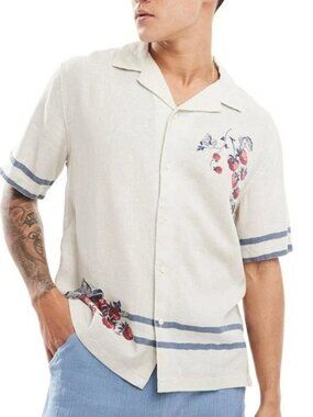 Abercrombie & Fitch - Camp Collar Linen-Blend Button Up Tan Strawberries Medium